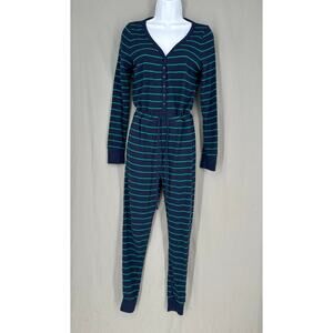 Gap Body One Piece Pajamas Set Womens Small Navy Blue Striped Jumpsuit Henley